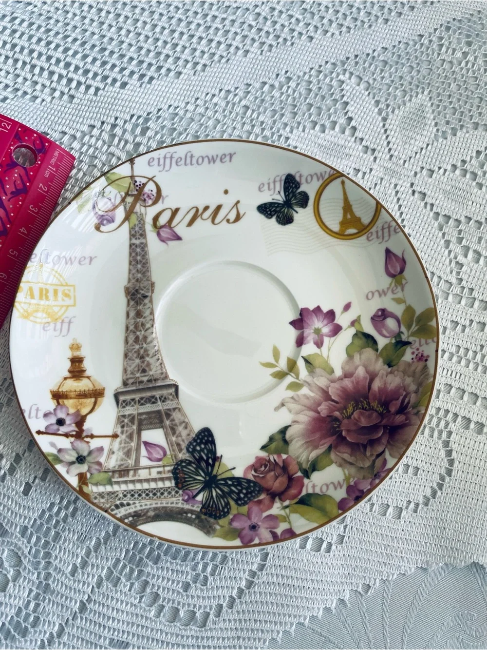 4 Floral Paris Porcelain Tea Saucer Set - White with Purple & Yellow Flowers